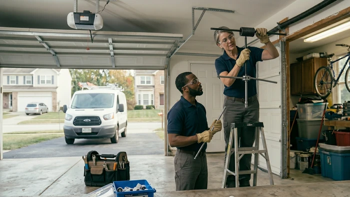 black man gelping woman fixing garage door 1778219559546